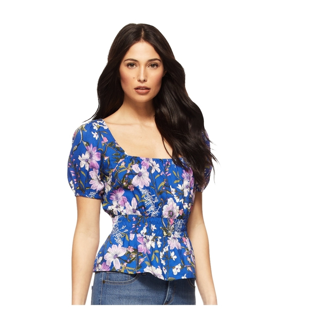 Sofia Jeans Smocked waist blue floral top XL